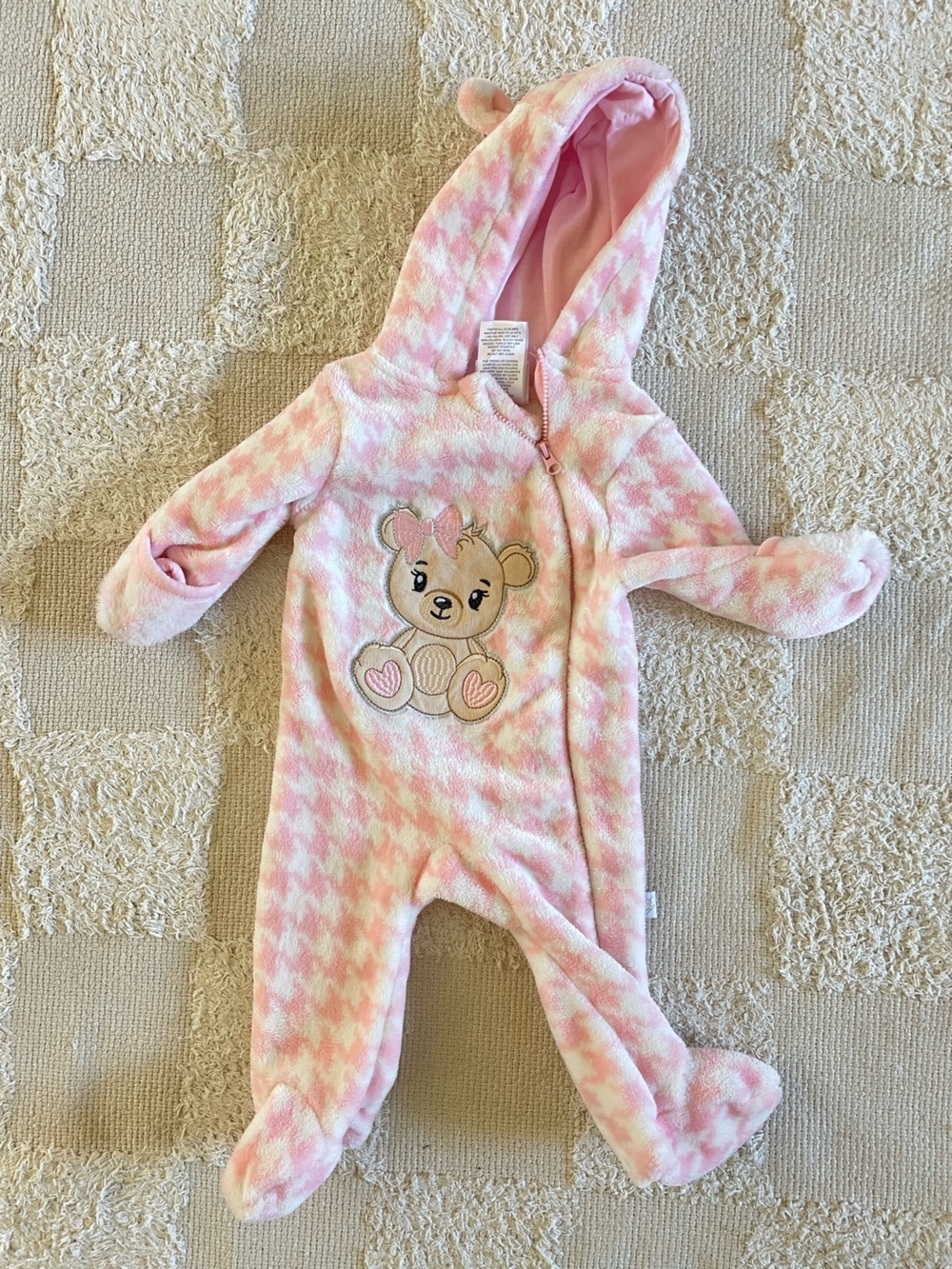 Pink Houndstooth Plush Baby One-Piece with Bear Applique
